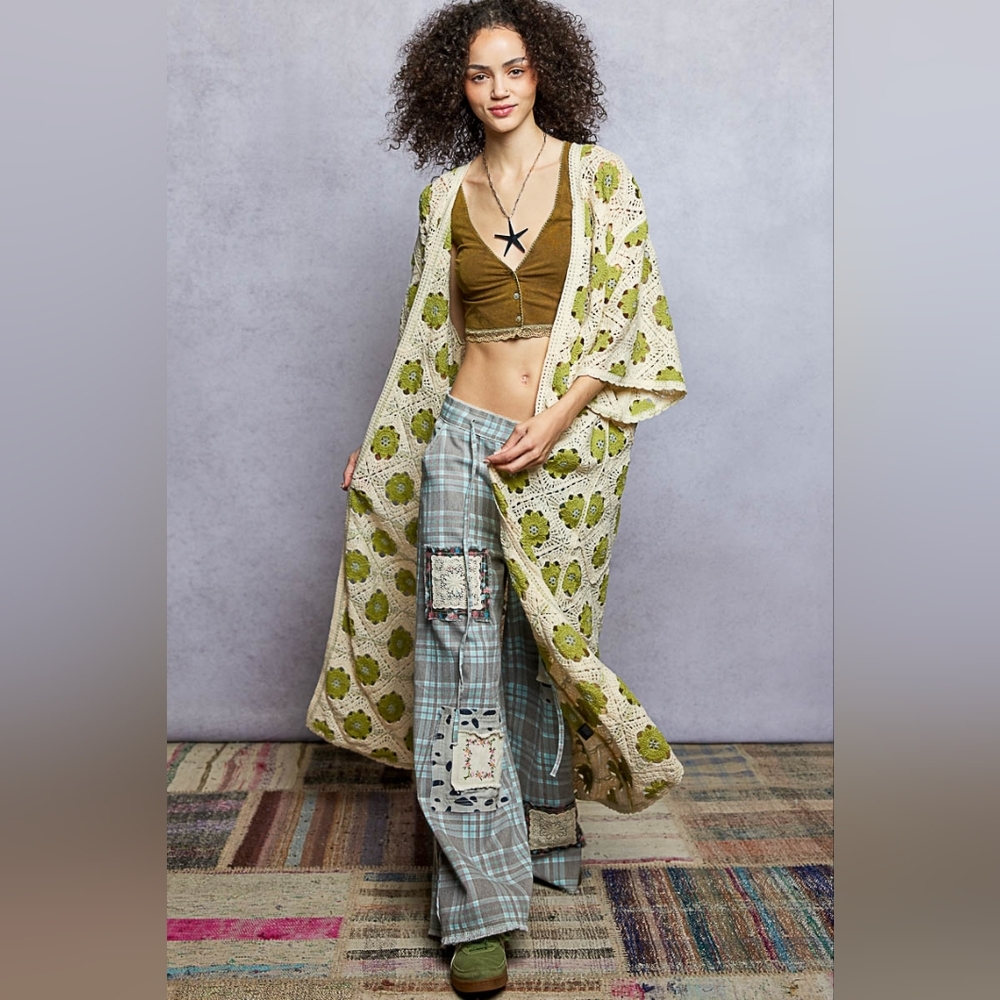 POL Patchwork Openwork Crochet Longline Cardigan … - image 4